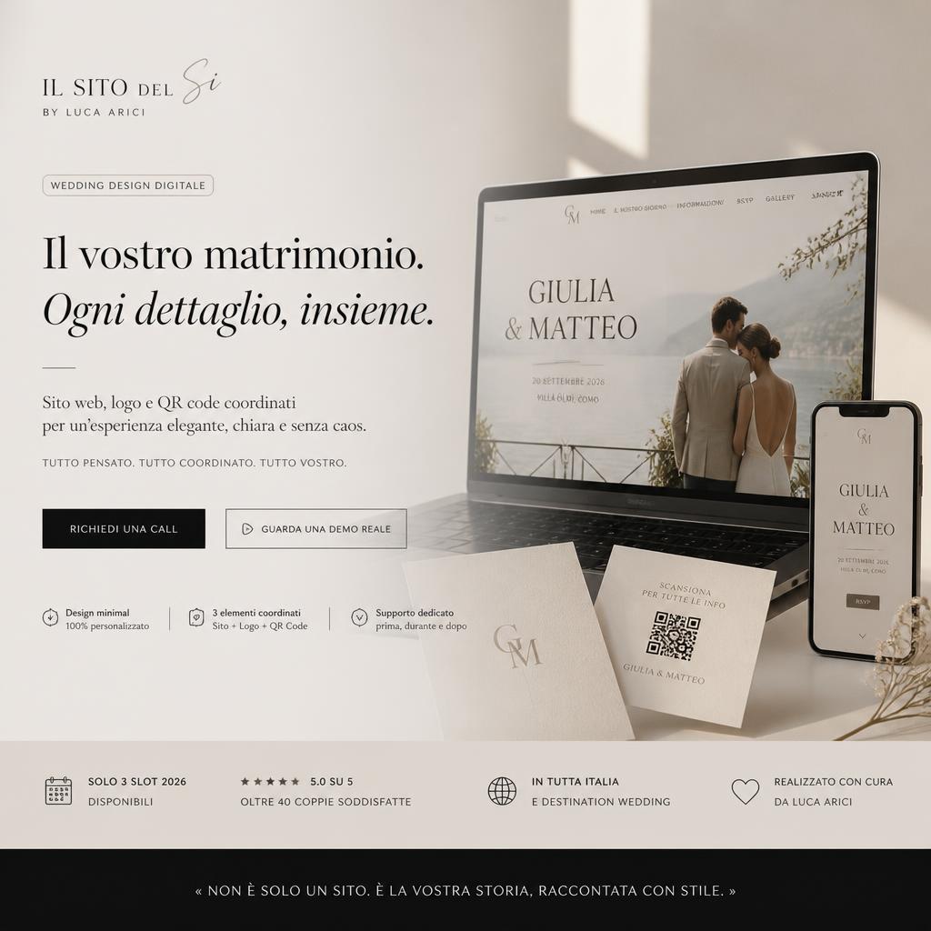 Mockup wedding design: laptop, smartphone, QR code e carta intestata coordinati per il matrimonio di Giulia e Matteo
